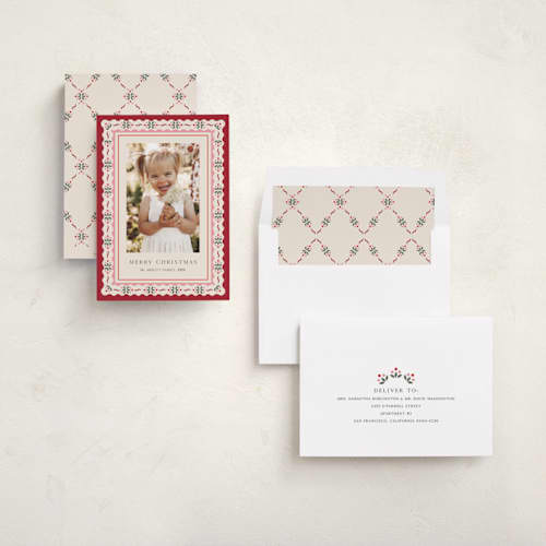 This is a poinsettia photo christmas cards with standard by Laura Bercovich called poinsettia in bloom printing on recycled smooth signature in standard