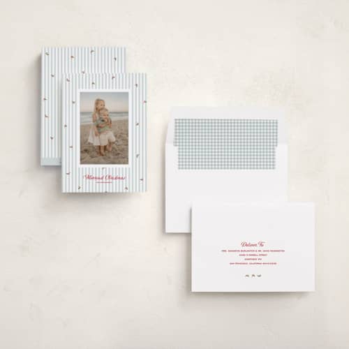 This is a frost photo christmas cards with standard by Jenna Holcomb called ditsy holly printing on recycled smooth signature in standard