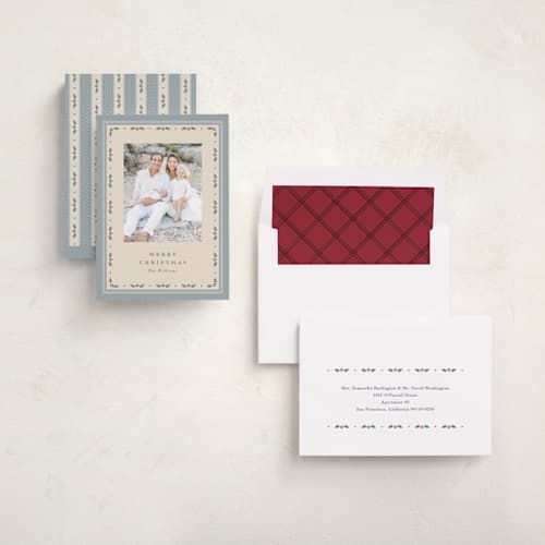 This is a wintermint photo christmas cards with standard by Robert and Stella called dainty holly printing on recycled smooth signature in standard