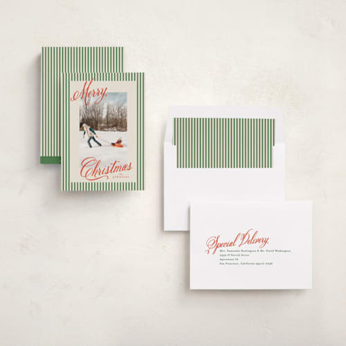 This is a forest photo christmas cards with standard by Karidy Walker called script and stripes printing on recycled smooth signature in standard