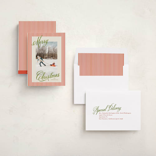 This is a stocking photo christmas cards with standard by Karidy Walker called script and stripes printing on recycled smooth signature in standard