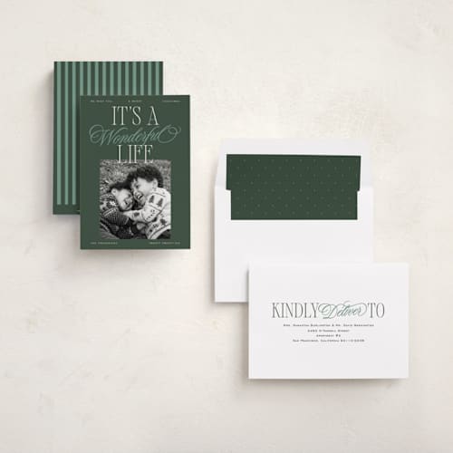 This is a forest photo christmas cards with standard by Jackie Crawford called wonderful life stack printing on recycled smooth signature in standard