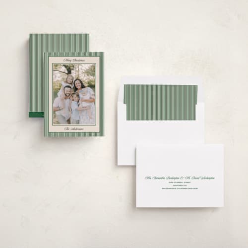 This is a pine photo christmas cards with standard by Annie Shapiro called little stripes printing on recycled smooth signature in standard