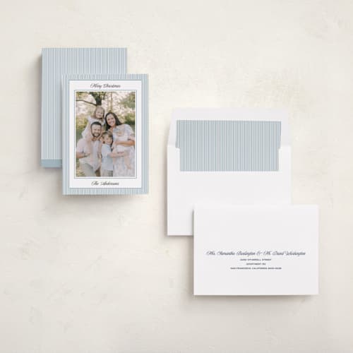 This is a pool photo christmas cards with standard by Annie Shapiro called little stripes printing on recycled smooth signature in standard