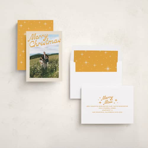 This is a butterscotch photo christmas cards with standard by Ekko Studio called nostalgia printing on recycled smooth signature in standard