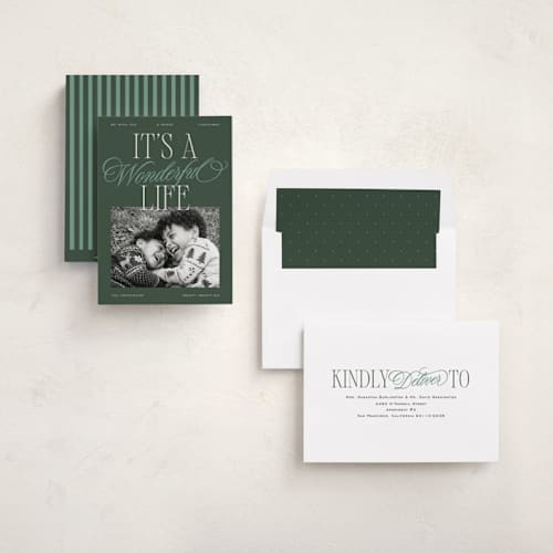 This is a forest photo christmas cards with standard by Jackie Crawford called wonderful life stack printing on recycled smooth signature in standard