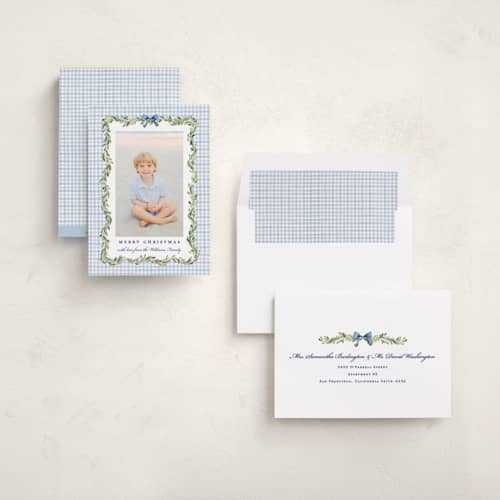 This is a chambray photo christmas cards with standard by Sarah Knight called gingham garland printing on recycled smooth signature in standard