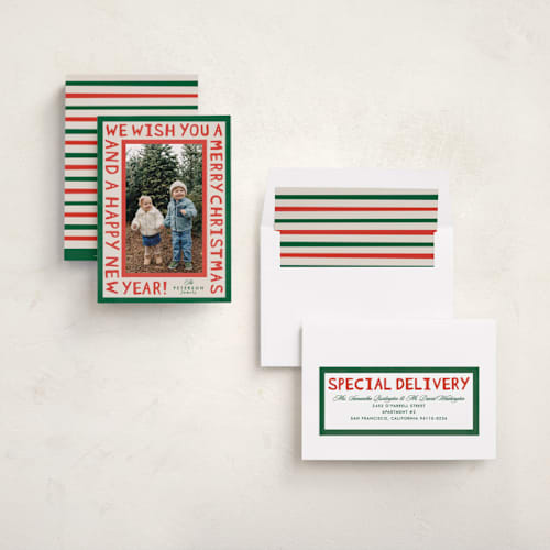 This is a forest photo christmas cards with standard by Karidy Walker called merry block print printing on recycled smooth signature in standard