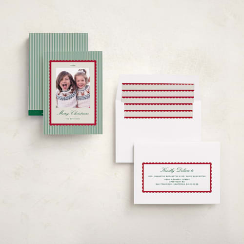 This is a holly photo christmas cards with standard by Emily Betts called stripe scallop printing on recycled smooth signature in standard
