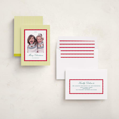 This is a chartreuse photo christmas cards with standard by Emily Betts called stripe scallop printing on recycled smooth signature in standard