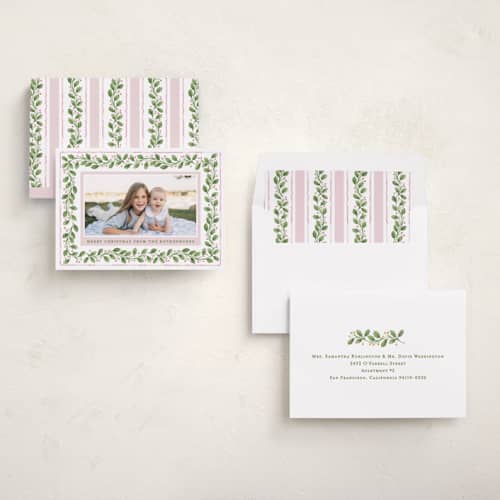 This is a powder photo christmas cards with standard by Sarah Knight called holly ribbons printing on recycled smooth signature in standard
