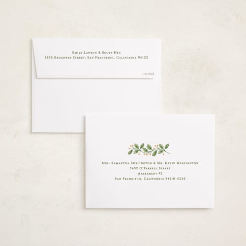 This is a powder photo christmas cards with standard by Sarah Knight called holly ribbons printing on recycled smooth signature in standard