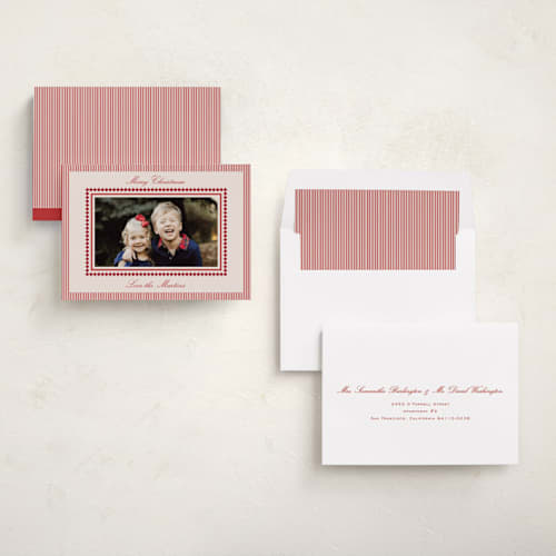 This is a berry photo christmas cards with standard by Kelly Schmidt called diamonds and stripes printing on recycled smooth signature in standard
