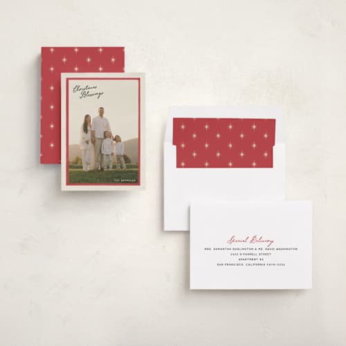 This is a vintage poinsettia photo christmas cards with standard by Kamala Nahas called weathered border printing on recycled smooth signature in standard