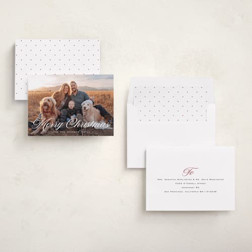 This is a snow photo christmas cards with standard by Rebecca Durflinger called christmas in script printing on recycled smooth signature in standard
