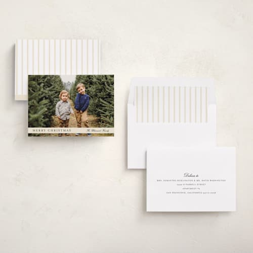 This is a cream photo christmas cards with standard by Baumbirdy called ribbon overlay printing on recycled smooth signature in standard