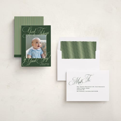 This is a evergreen photo christmas cards with standard by Megan Davis called praline printing on recycled smooth signature in standard