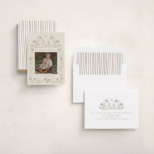 This is a sand photo christmas cards with standard by Jamie Alexander called joyful mystery printing on recycled smooth signature in standard