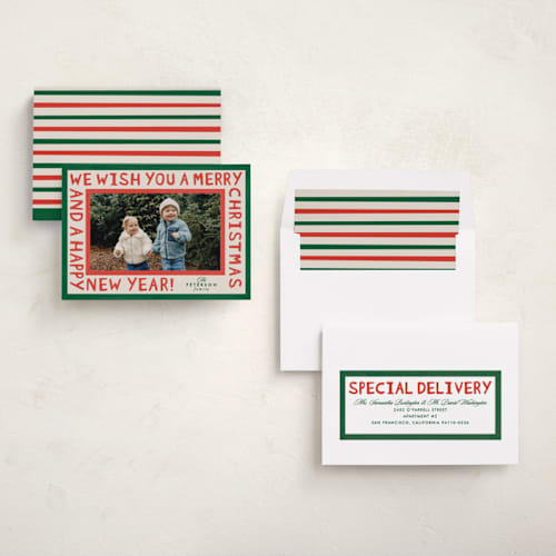 This is a forest photo christmas cards with standard by Karidy Walker called merry block print printing on recycled smooth signature in standard