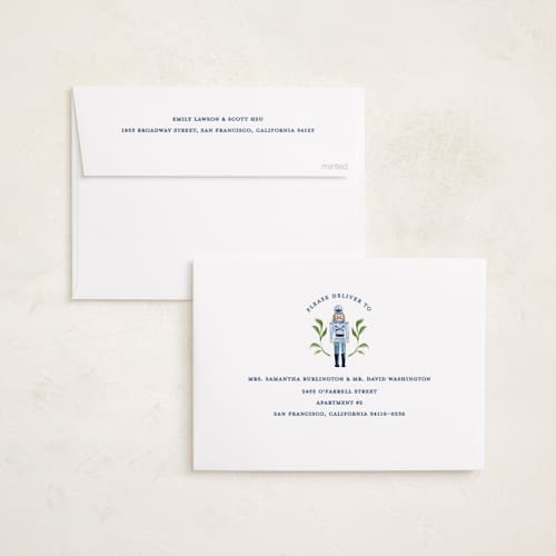 This is a blue ribbon photo christmas cards with standard by Sarah Knight called nutcracker ribbons printing on recycled smooth signature in standard