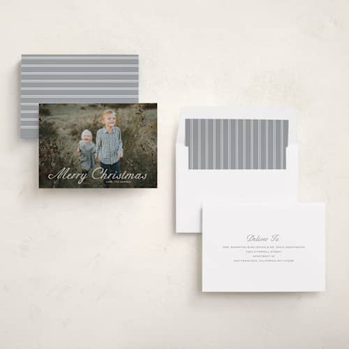 This is a powder photo christmas cards with standard by Carolyn MacLaren called outlined script printing on recycled smooth signature in standard