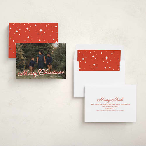 This is a poinsettia photo christmas cards with standard by Ekko Studio called retro script printing on recycled smooth signature in standard