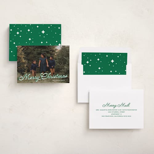 This is a balsam photo christmas cards with standard by Ekko Studio called retro script printing on recycled smooth signature in standard