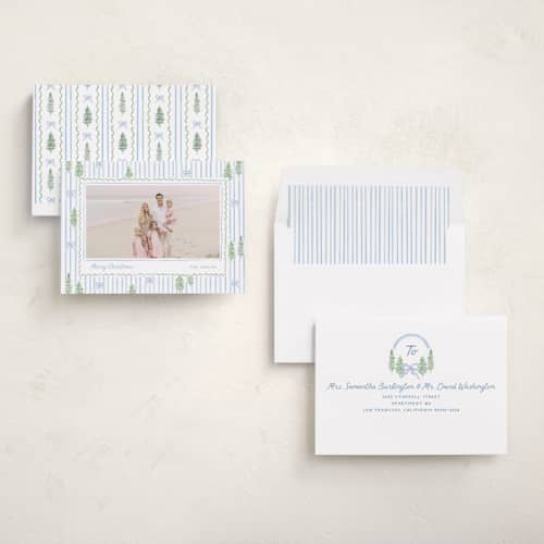 This is a blue jay photo christmas cards with standard by Creo Study called trees and bows printing on recycled smooth signature in standard