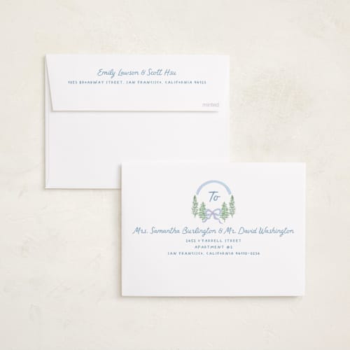 This is a blue jay photo christmas cards with standard by Creo Study called trees and bows printing on recycled smooth signature in standard