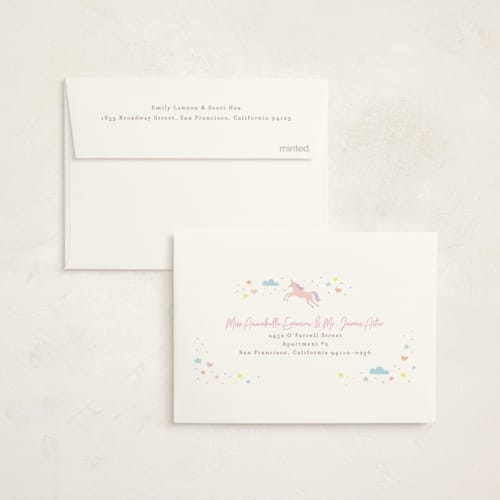 This is a bubblegum kids thank you cards with standard by Jennifer Wick called unicorn dreams printing on strathmore in standard