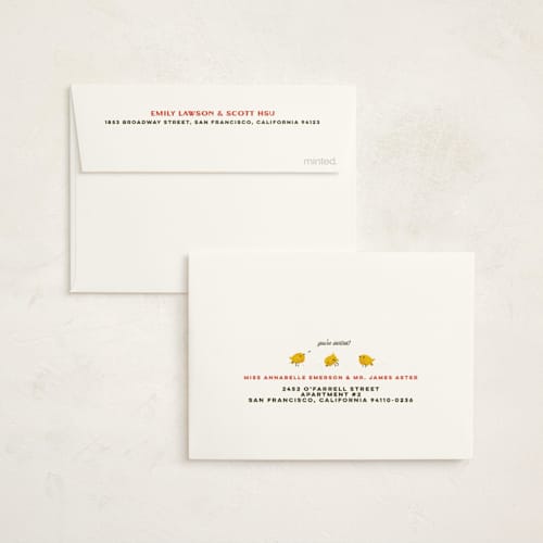 This is a barn kids thank you cards with standard by Kimberly Morgan called barnyard parade printing on strathmore in standard