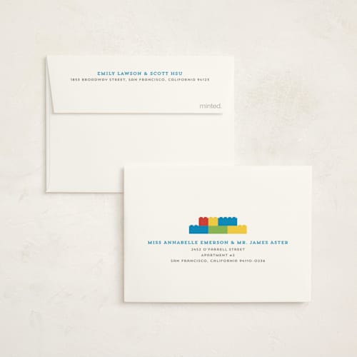This is a cobalt kids thank you cards with standard by Belia Simm called master builders party printing on strathmore in standard