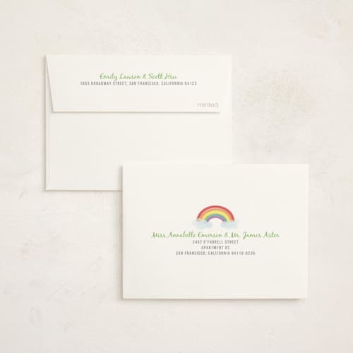 This is a soft teal kids thank you cards with standard by Angela Garrick called rainbow celebration printing on strathmore in standard