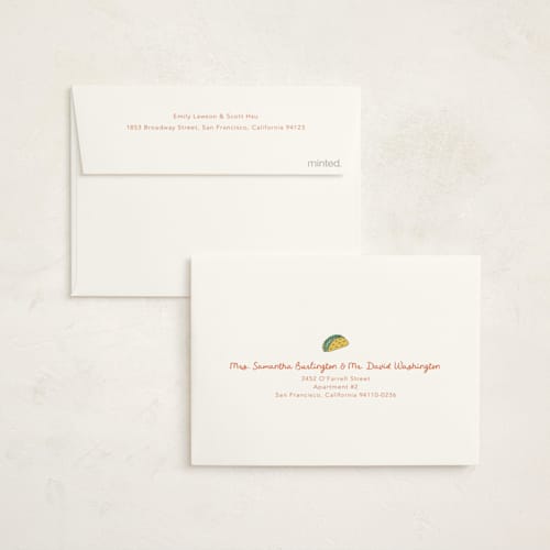 This is a chile red kids thank you cards with standard by Sabrin Deirani called taco party pals printing on strathmore in standard