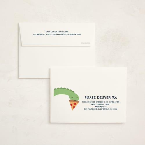 This is a leaf kids thank you cards with standard by Kacey Kendrick Wagner called arched dinosaur printing on strathmore in standard