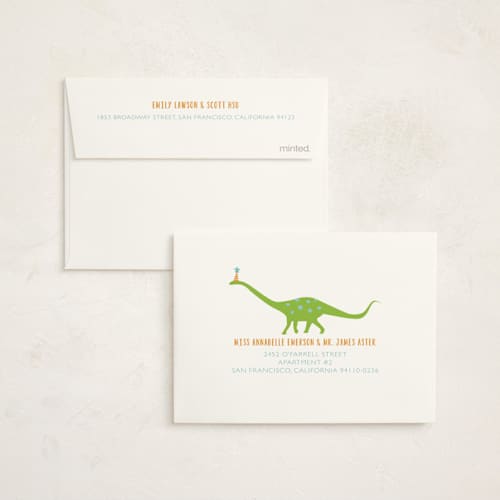 This is a lake kids thank you cards with standard by freckle fish called party like a dinosaur printing on strathmore in standard