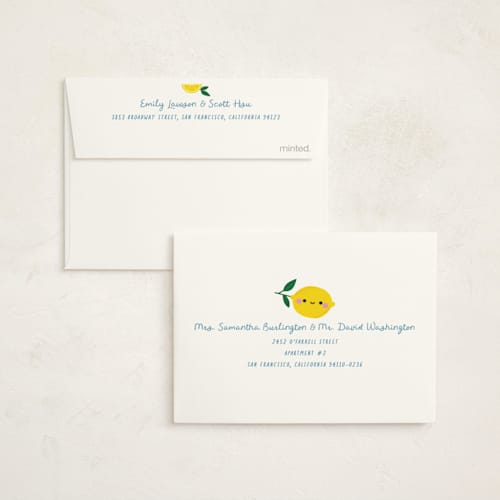 This is a blueberry kids thank you cards with standard by Jennifer Lew called lemons printing on strathmore in standard