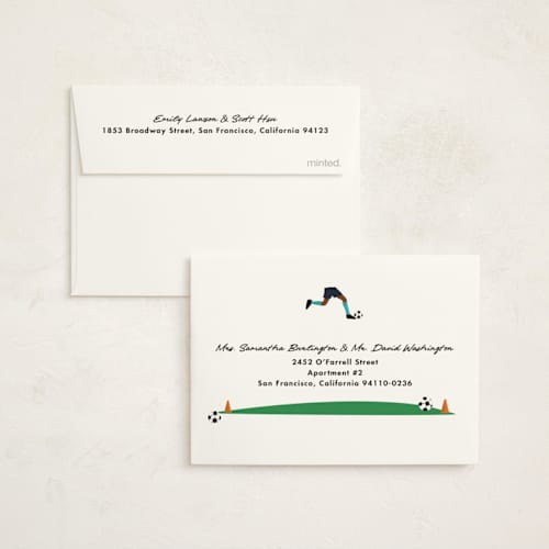This is a grass kids thank you cards with standard by Becky Nimoy called kick it soccer ball printing on strathmore in standard