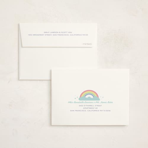 This is a mint kids thank you cards with standard by Maria Alou called pastel rainbow sparkles printing on strathmore in standard