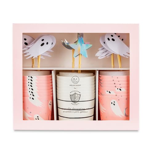 This is a pink party decorations by Jollity and Co called spooked cupcake decorating set in standard
