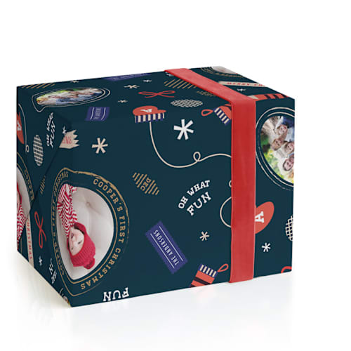 This is a navy wrapping paper with standard by Tanya Lee of Frooted Design called vintage post printing on wrapping paper in standard