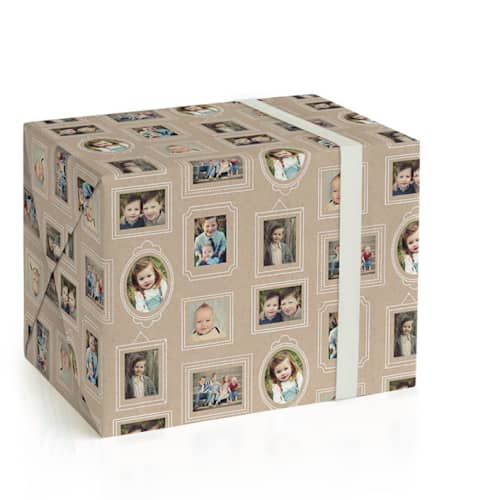 This is a kraft wrapping paper with standard by leslie hamer called krafted frames printing on wrapping paper in standard