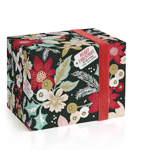 This is a midnight wrapping paper with standard by Alethea and Ruth called holiday bouquet printing on wrapping paper in standard