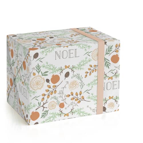This is a persimmon wrapping paper with standard by Grace Kreinbrink called rustic garden noel printing on wrapping paper in standard