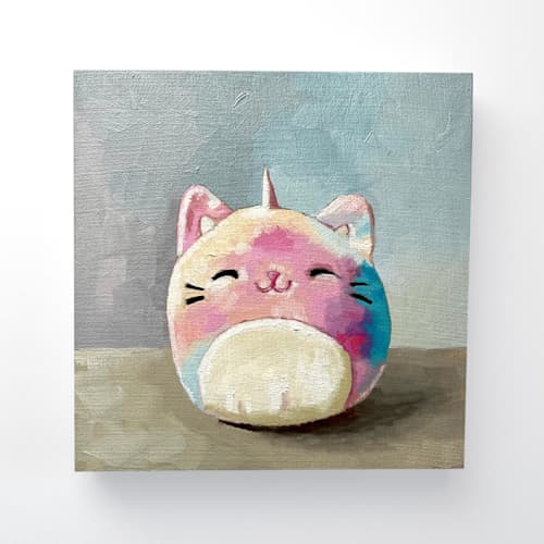This is a multicolorassorted-colors commission art by Holly Whitcomb called painterly lovey/stuffie portrait, 5x5", painting commission in standard