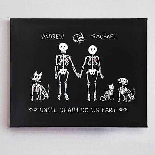 This is a black commission art by Katie Zimpel called until death family portrait | 20" x 16" | acrylic painting commission in standard