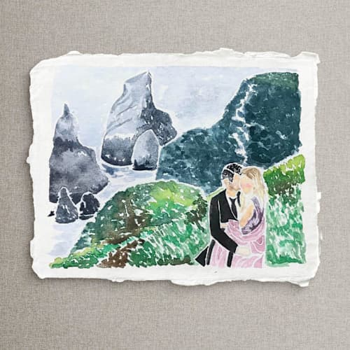 This is a multicolor commission art by Cotton and Bow called original watercolor anniversary portrait | 8x10" | handmade paper in standard