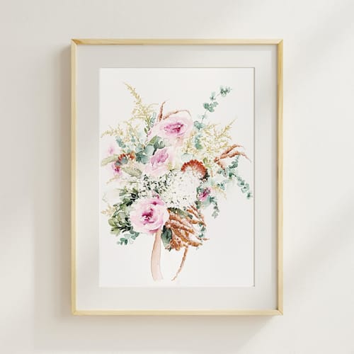 This is a multicolorassorted-colors commission art by Kate Nelson called wedding bouquet watercolor painting 11 in x 14 in in standard