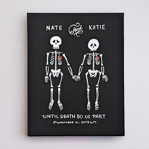 This is a black commission art by Katie Zimpel called until death couple portrait | 11" x 14"| acrylic painting commission in standard
