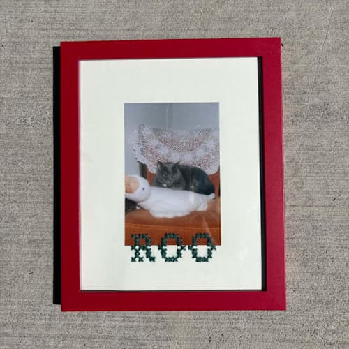 This is a multicolorassorted-colors commission art by Abigail and Mary Frances called custom initials + names cross stitch photograph embroidery in standard